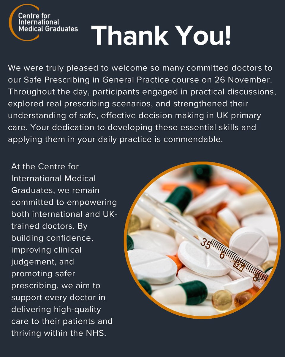 CentreforIMGs's tweet photo. Thank you to all the doctors who joined our Safe Prescribing in General Practice course on 26 November.
Your engagement and commitment to safer prescribing in UK primary care is inspiring.
#SafePrescribing #GeneralPractice #NHSDoctors #ClinicalSkills #MedicalEducation https://t.co/JZsN1GTTpR
