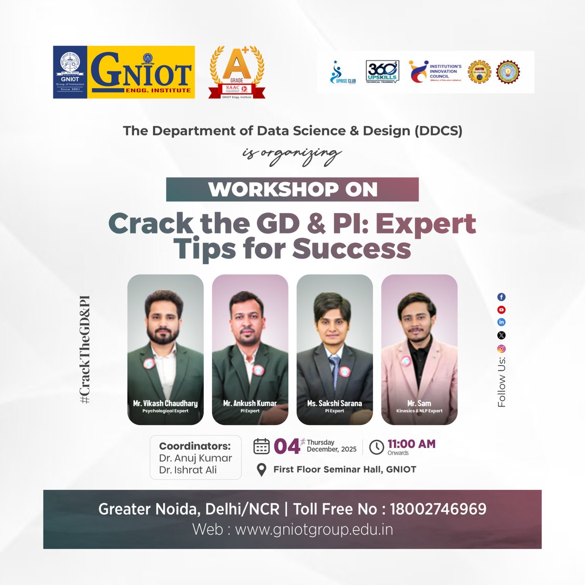 GNIOTCollege's tweet image. DDCS announces a workshop to help students boost GD and PI skills for confident placement preparation and career growth.
 #InterviewSkills #CareerPrep #CampusWorkshop