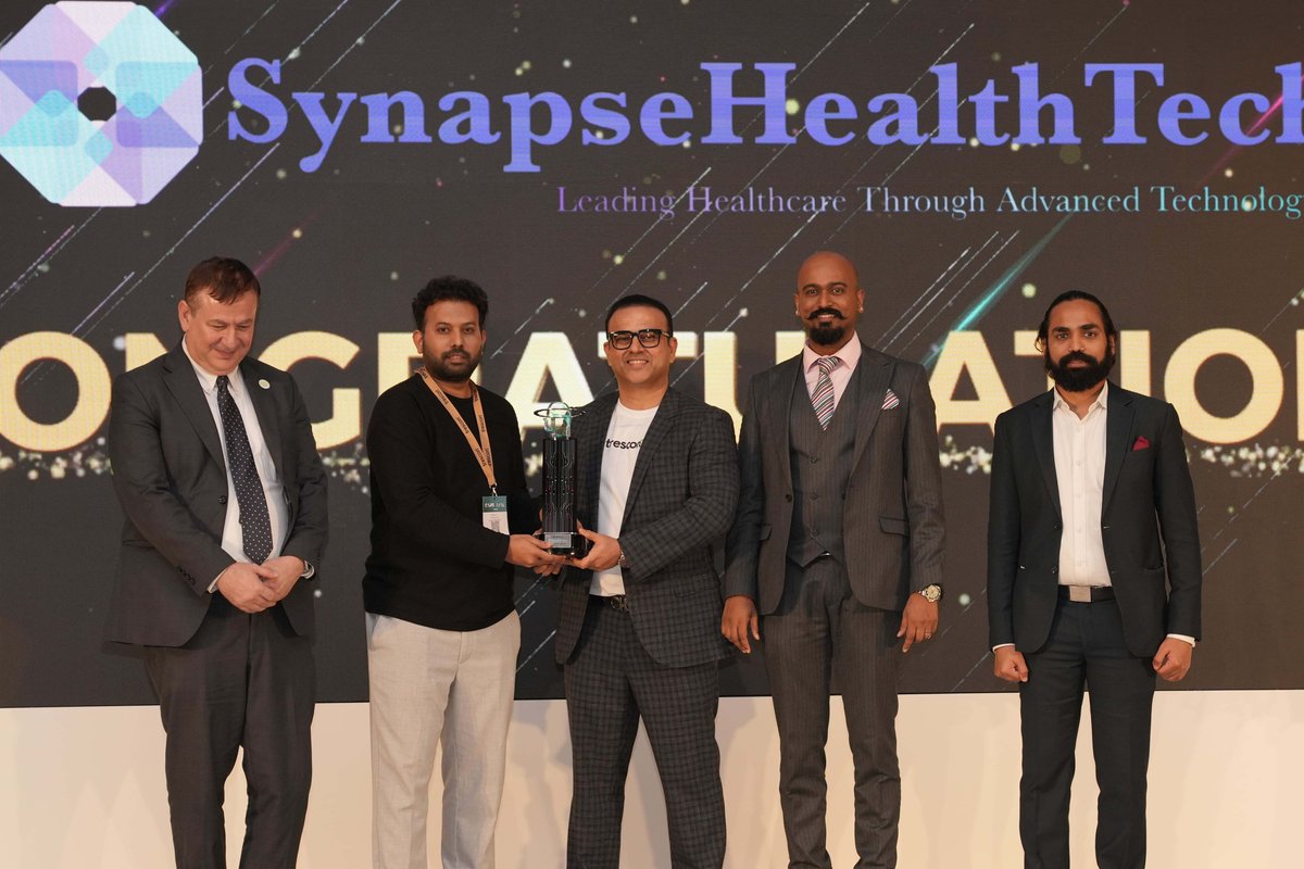 TresconMENA's tweet photo. Huge congrats to Rameez Choudhari (CEO, @Synapse_HT) for winning the FutureTech World Cup at @datewithtech MENA!

They are revolutionizing healthcare with AI &amp; Blockchain automation.

The jury saw the future. And it looks like SynapseHealthTech. 

#StartupWinner #HealthTech https://t.co/Im2WYb1Usg