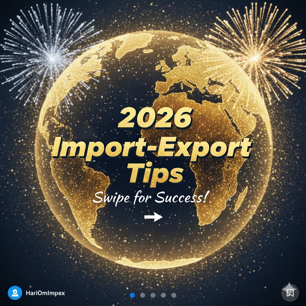 HariOmImpex's tweet image. Swipe ➡️ for 5 quick tips to make 2026 your most successful year in import-export! 🌏✨ Need support with GST, IEC, or DGFT? We’ve got you covered. #HariOmImpex #ImportExportTips #NewYearSuccess #BusinessGrowth #2026Planning