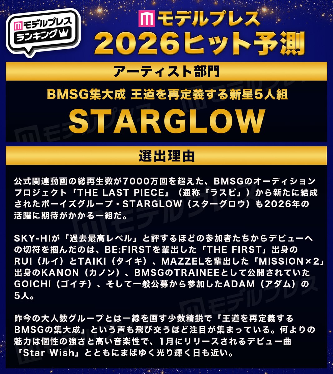 modelpress's tweet image. /／
モデルプレス2026年ヒット予測🎉
\＼

アーティスト部門：STARGLOW
——————————————————

BMSG集大成
王道を再定義する新星5人組

🔻選出理由
mdpr.jp/news/4679433

#モデルプレスヒット予測 @starglow_bmsg