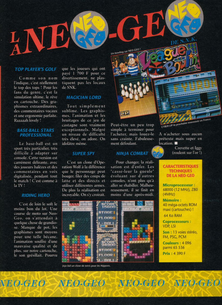 AllmightoFranky's tweet photo. @DrevetCyril @OlivierScamps Un bel article 3 pages sur la roll's des consoles de l'époque l'incroyable #NeoGeo de #SNK.Article par Iggy et Crevette encore,ils ont fait le mag tout les deux quasiment 😅 Et on démarre les tests avec #Klax et #SlimeWorld sur la #Lynx de chez #Atari,tests par Iggy again!! 4/5 https://t.co/2LLszD4zoQ