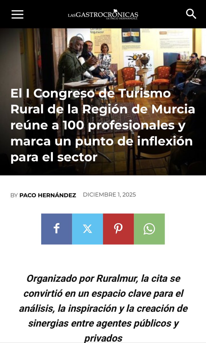 El I Congreso de Turismo Rural de la Región de Murcia reúne a 100 profesionales y marca un punto de inflexión para el sector lasgastrocronicas.com/el-i-congreso-… vía @Las Gastrocrónicas
