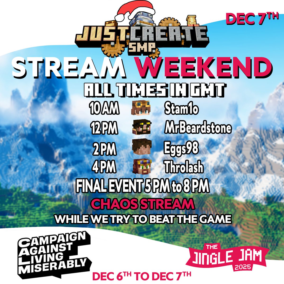 See you this weekend <a href="/jinglejam/">Jingle Jam</a> 

Total of three streams from me super excited for some RV-There Yet with some of the people on Just Create and some good times on the server!