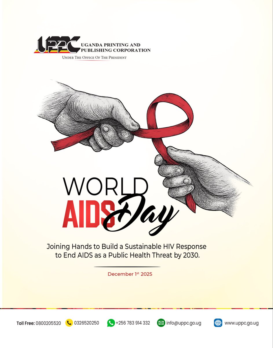 uppc_uganda's tweet photo. Today, UPPC joins the rest of the world to commemorate #WorldAIDSDay2025, a moment to honour progress made, and reaffirm our commitment to ending AIDS as a public health threat by 2030. As the Government’s trusted printing and publishing partner, UPPC is working closely with stakeholders such as the @aidscommission to play a key role in the fight against HIV by producing and disseminating essential IEC materials that support awareness, prevention, treatment, and community mobilisation across the country.
Together, let’s save lives! 

#EndAIDSby2030