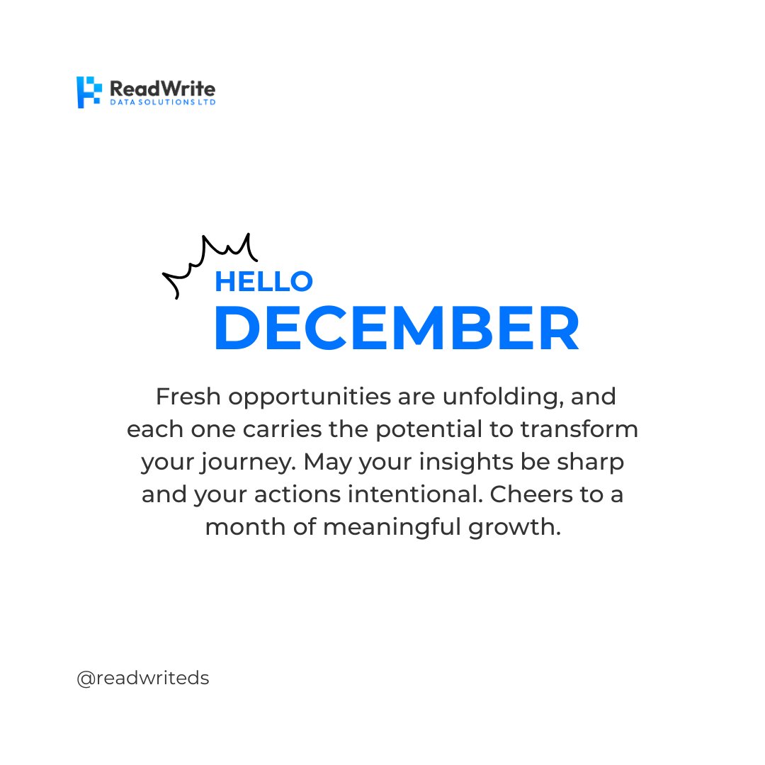 ReadWriteDS's tweet photo. As we enter December, we step into new opportunities for innovation and data-driven growth.
Here’s to a productive and meaningful month ahead.
#HelloDecember #ReadWriteDS #BusinessGrowth #ProfessionalJourney #DecemberGoals https://t.co/IM4pdaN7Sj