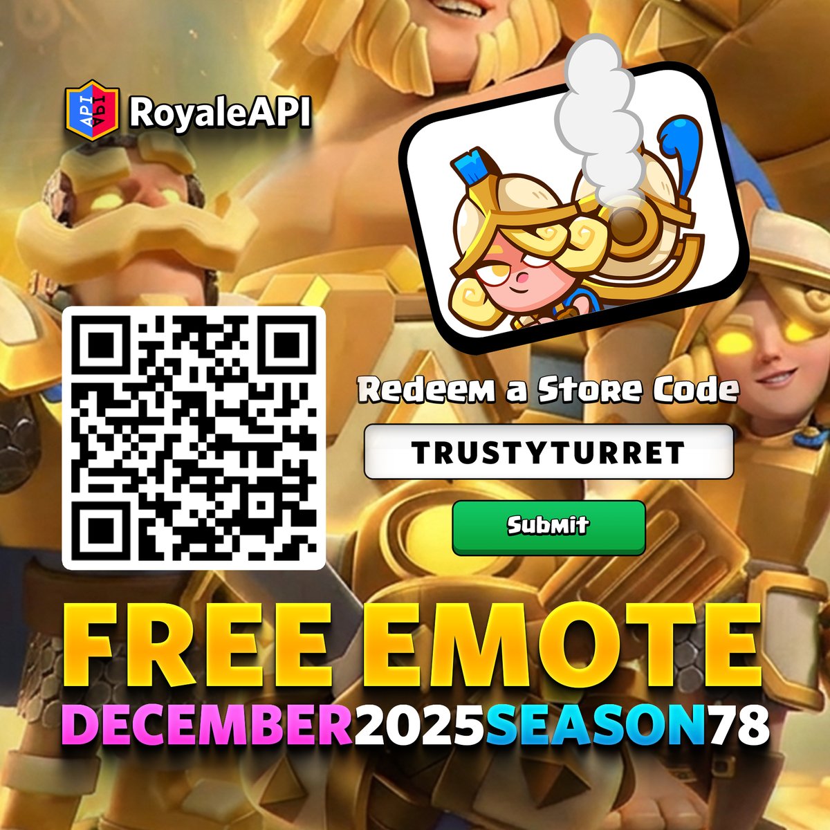 RoyaleAPI's tweet image. Get this Hero Musketeer emote for free at the Supercell Clash Royale Store!

1. Scan the QR code or go to on.royaleapi.com/crstore 
2. Enter TRUSTYTURRET in the “Redeem a Store Code” section

If you don’t see the section, make sure that you’re logged in!