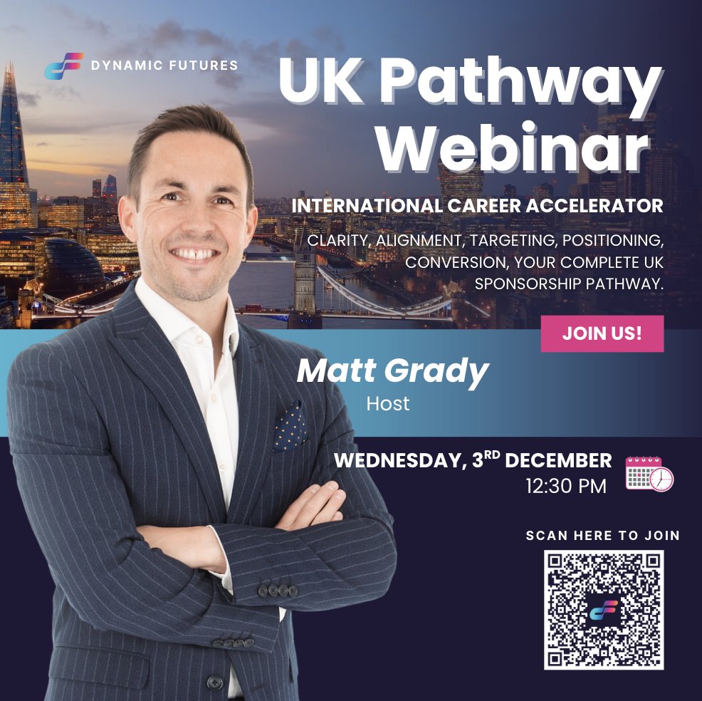 DynamicFutures1's tweet photo. Stop guessing your UK job search. 

Join our FREE UK Career Path Webinar!

• Rebuild strategy
• Identify real sponsorship options
• Target the right companies
• Optimise your CV &amp; LinkedIn
• Convert interviews into offers

Check thread / scan the QR to register.

@mattgrady_ https://t.co/JWyssFLDNE