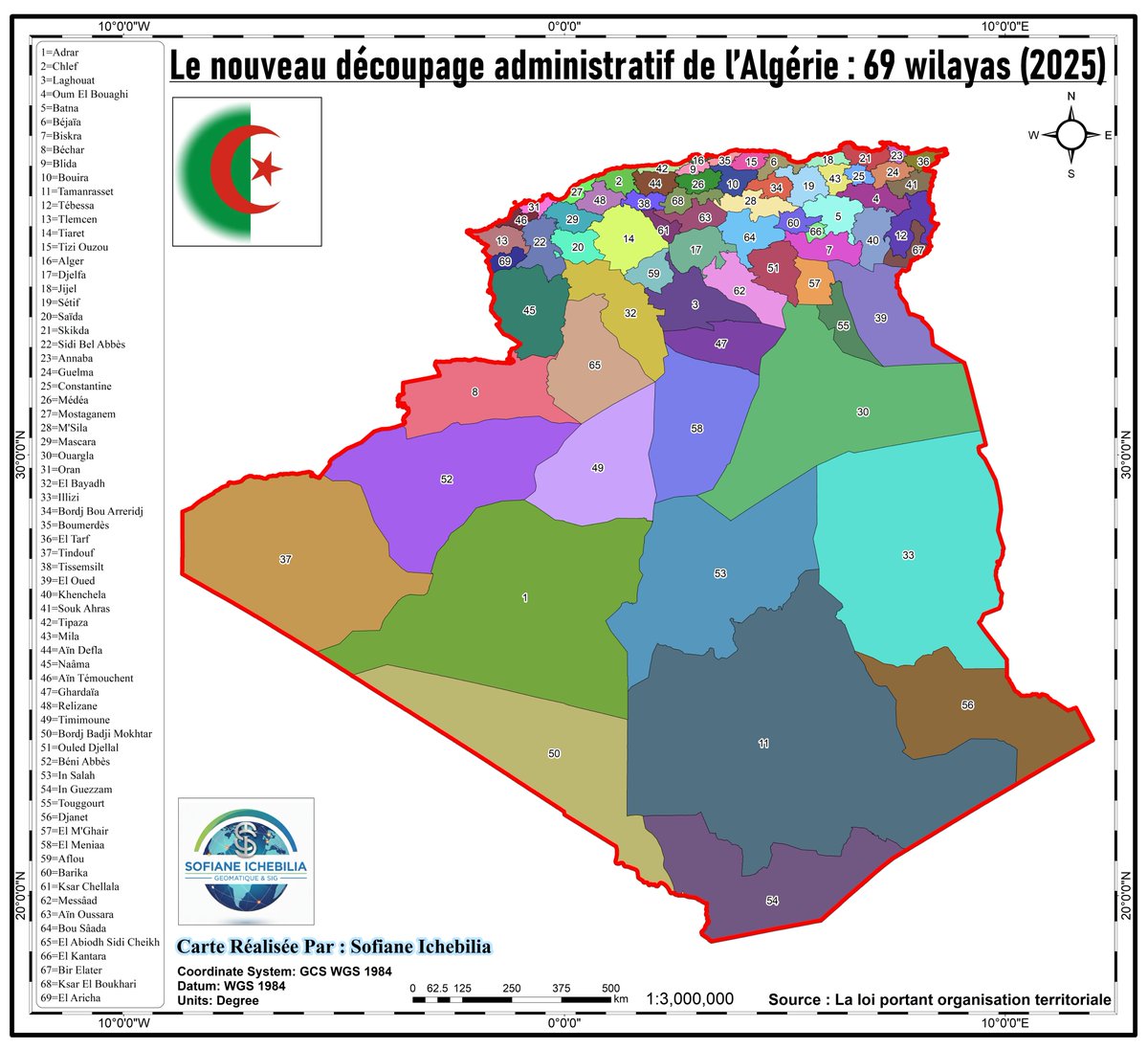 "Le nouveau découpage administratif de l’Algérie : 69 wilayas (2025)."