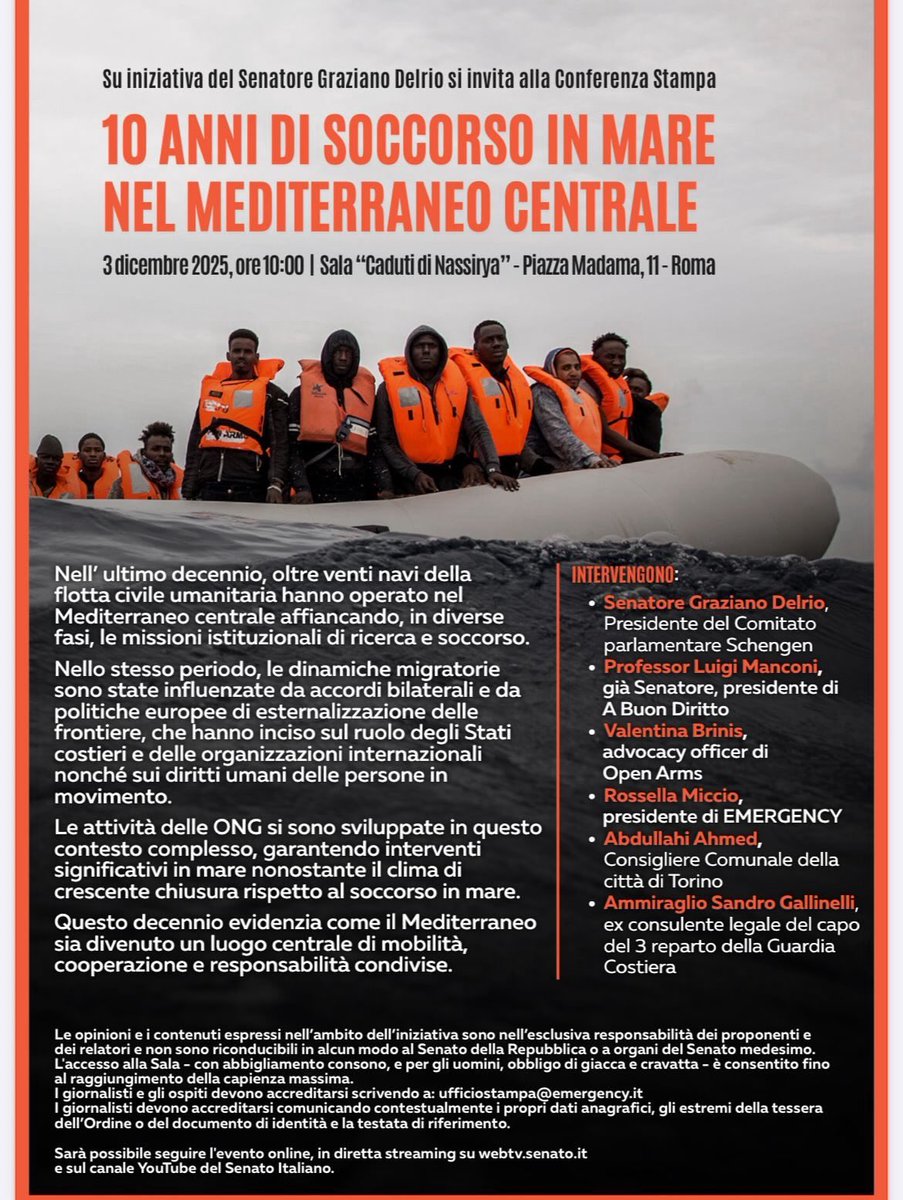 RescueMed's tweet photo. Mercoledì 3 dicembre a #Roma una giornata con due eventi dedicati a dieci anni di soccorso civile nel #Mediterraneo: 

nonostante tutto, le organizzazioni della flotta civile continuano a salvare vite umane e a difendere i diritti delle persone.

@SenatoStampa @fondazionebasso https://t.co/VNKkOuHNQG