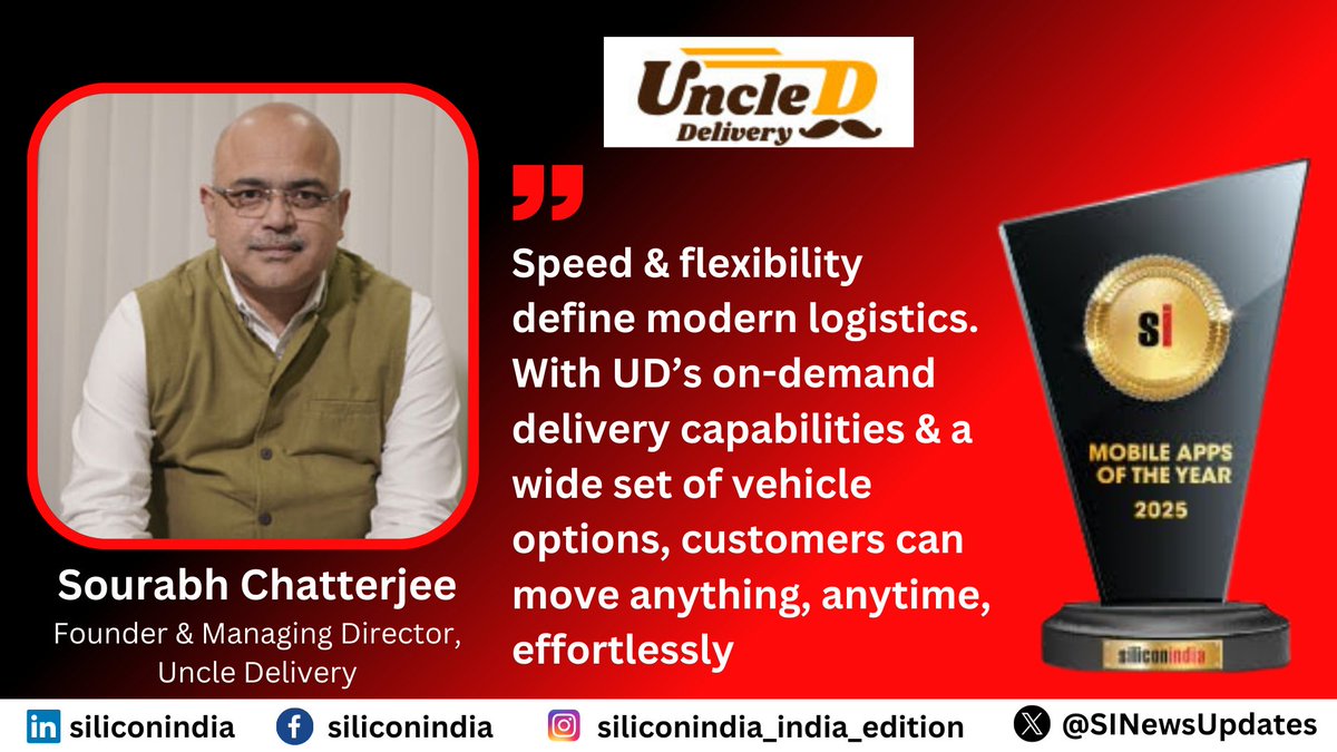 SINewsUpdates's tweet image. Uncle Delivery has been selected by #siliconIndia as one of the &apos;Top Mobile Apps of the Year - 2025&apos;

Read More: lnkd.in/deB3ipTR

Sourabh Chatterjee, Founder &amp;amp; Managing Director

#logisticspartner #Cuttingedgedigital #customerexperience #logisticssector #deliverylandscape
