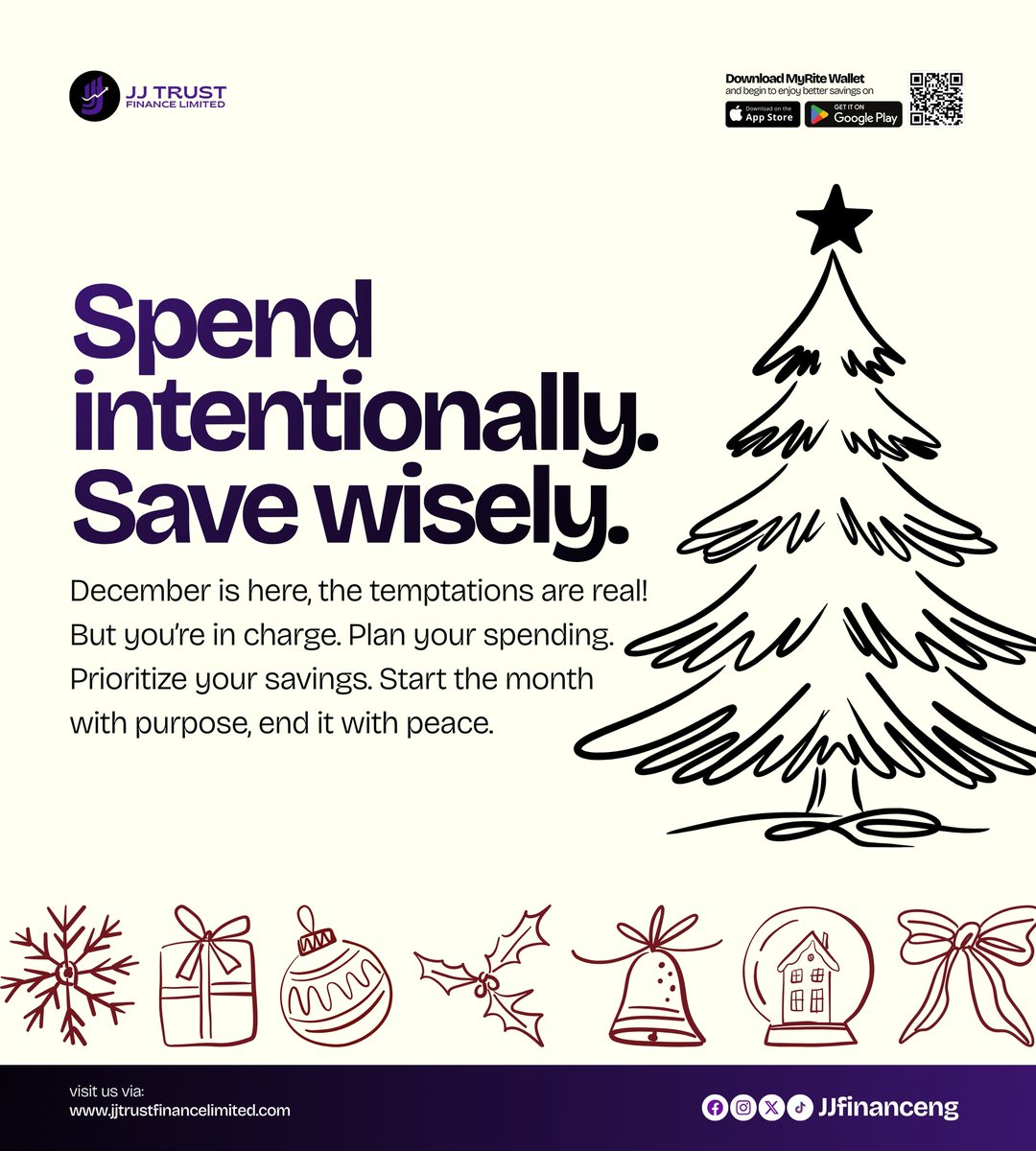 JJTFNG's tweet photo. December is here, Wealth Partners! 💜
But your money doesn’t have to disappear with it. Spend with purpose, save with wisdom, because January peace starts with December choices. Congrats to us for making it to the final month of the year! 🫂💜#JJTrustFinance #DecemberDiscipline https://t.co/lX2fp8ddw3