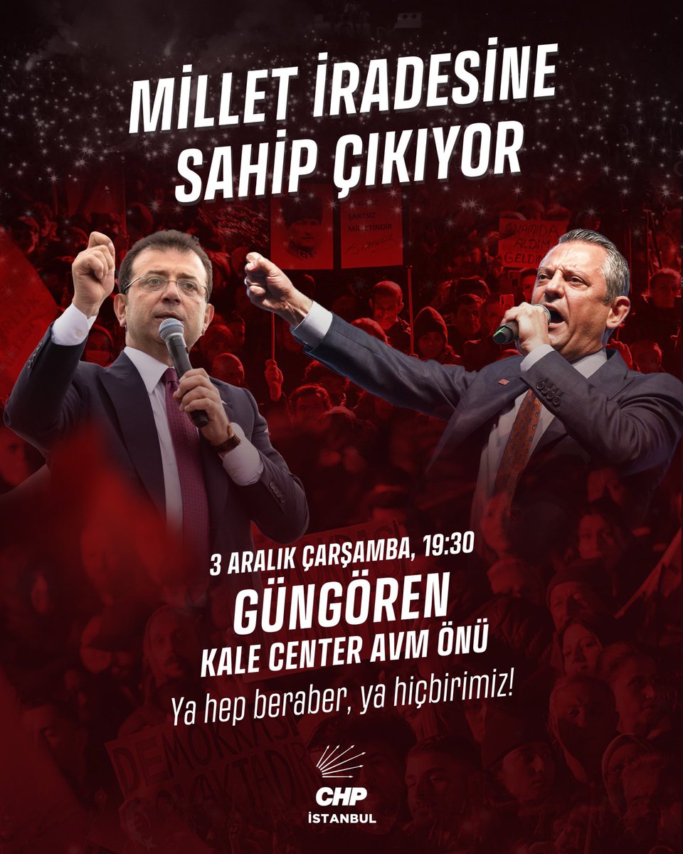 Adalet mücadelemiz sürüyor!

Genel Başkanımız Özgür Özel öncülüğünde, Cumhurbaşkanı adayımız Ekrem İmamoğlu ve tüm yol arkadaşlarımıza özgürlük için buluşuyoruz.

📍 Güngören - Kale Center Avm Önü
 🗓️ 3 Aralık Çarşamba | 19.30