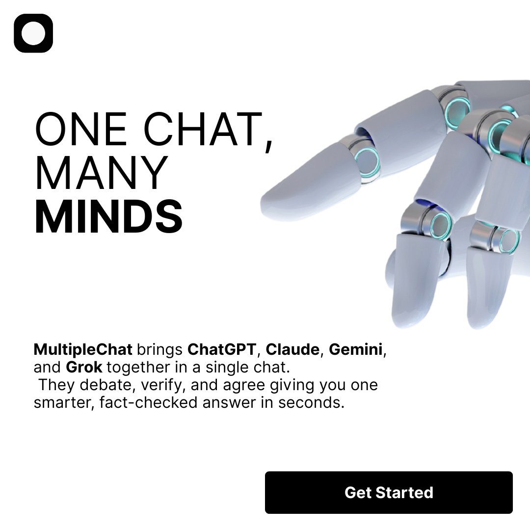 ai_multiplechat's tweet image. One chat unlocks many minds: Multiple.Chat fuses ChatGPT, Claude, Gemini 3, and Grok to debate, verify, and deliver fact-checked answers instantly.
Explore now: multiple.chat
#AIcollaboration #factchecked #techtools