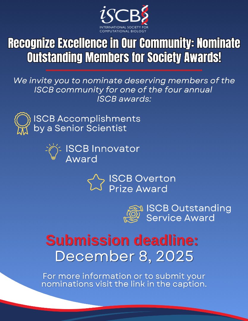 iscb's tweet image. 🚨One week left to nominate a leader, innovator, or mentor for the 2026 ISCB Awards! 

Help us spotlight the contributions shaping #bioinformatics and #computationalbiology.

🗓️ Deadline: Monday, Dec 8, 2025
🔗 iscb.org/iscb-awards