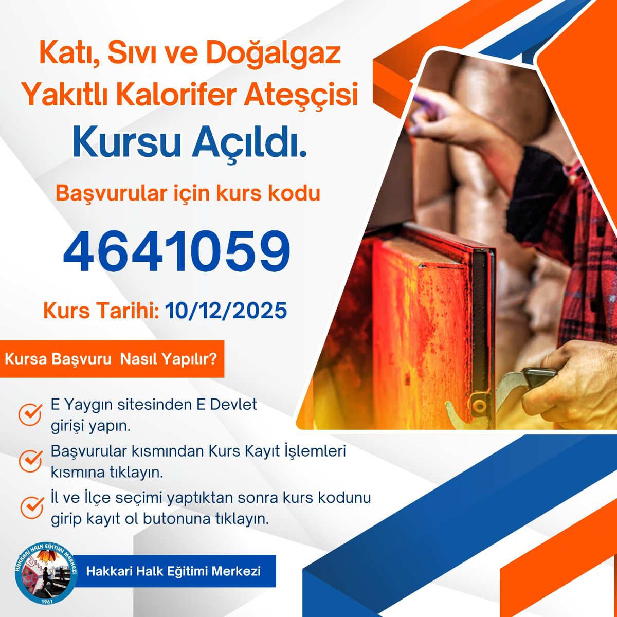 🔴“Katı-Sıvı- Doğalgaz Yakıtlı Kalorifer Ateşçisi Kursu” Açıldı. 

📌İl Milli Eğitim Müdürlüğümüz koordinatörlüğünde; katı-sıvı ve doğalgaz yakıtlı kalorifer kazanlarının tekniğine uygun olarak yakılması ve bakımının yapılması için Hakkâri Halk Eğitimi Merkezi Müdürlüğümüzce,