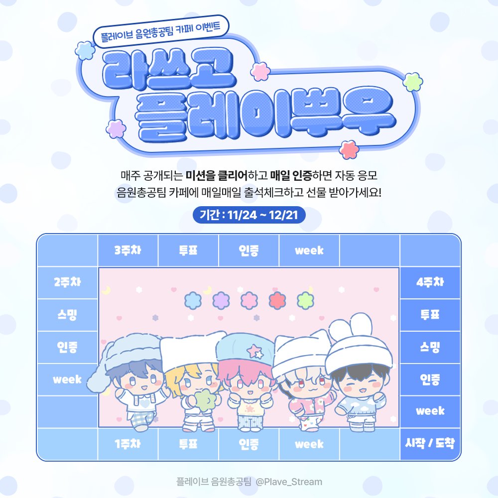Plave_Stream's tweet image. 플레이브 음원총공팀 카페 이벤트
라쓰고 플레이뿌우 💭 

매주 공개되는 미션을 클리어하고 매일 인증하면 자동 응모
음원총공팀 카페에 매일매일 출석체크하고 선물 받아가세요!

2주차 기간: 12/01(월) ~ 12/07(일)
cafe.daum.net/plavestream/Wh…

#PLAVE #플레이브 #プレイブ #예준 #Yejun #イェジュン…