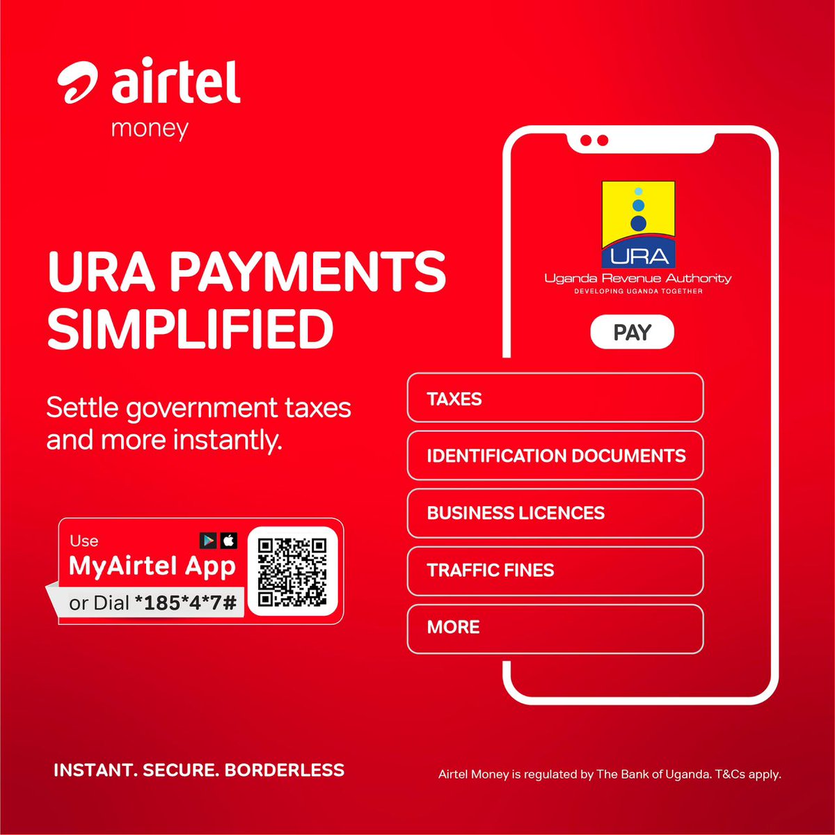 airtelmoneyug's tweet photo. Clear your URA payments in just a few minutes, With Airtel Money, you can pay  your taxes, licenses, and fees right from your phone, anytime you need to.

Use the My Airtel App.