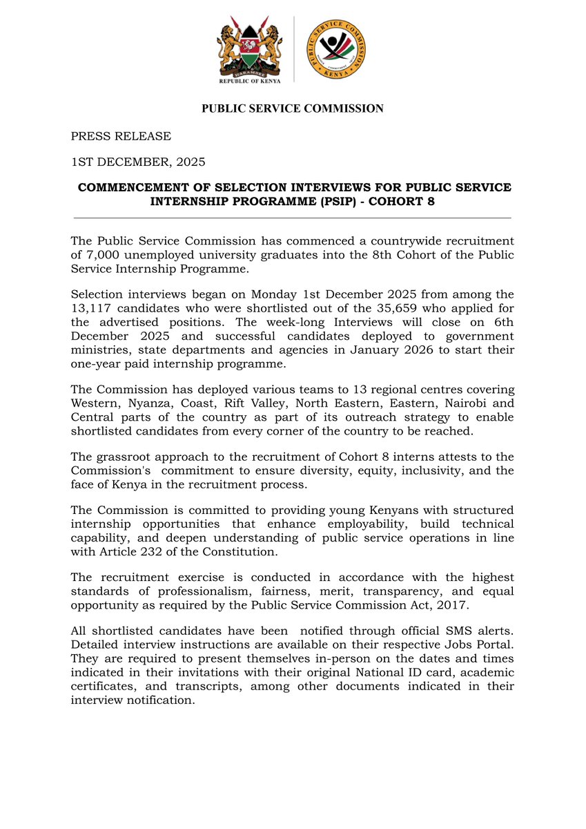 PSCKenya's tweet image. UPDATE: PSIP Cohort (8) interviews kick off today!!  

Selection interviews began on Monday 1st December 2025 from among the 13,117 candidates who were shortlisted out of the 35,659 who applied for the advertised positions. If you had applied kindly check your portal.…