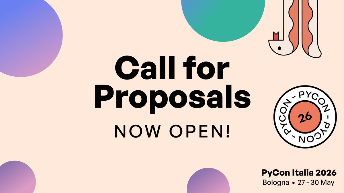 pyconit's tweet image. 🐍 Share your passion for Python at #PyConIT2026 — the Call for Proposal is finally open!
🗣️ Got a Python story to tell or a hands-on workshop to run? Now’s your chance!

🎤 Submit your idea and join our vibrant Python community: 

🔗 2026.pycon.it/call-for-propo… 

#pyconit