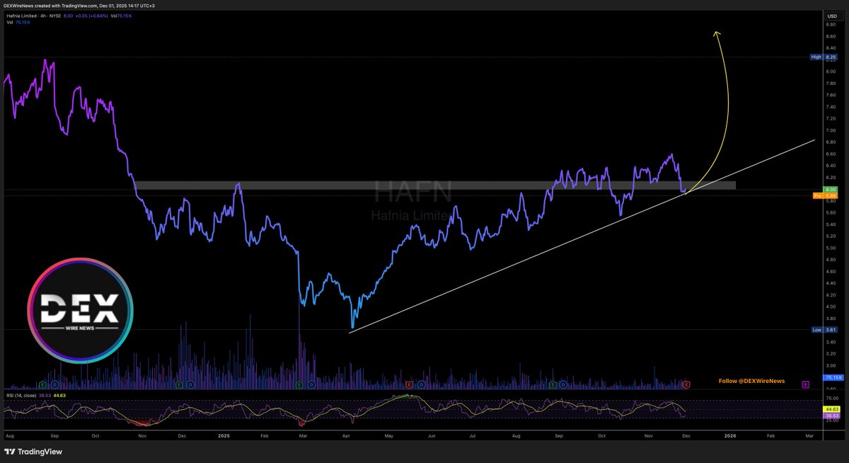 DEXWireTeam's tweet photo. Hafnia Limited (NYSE: $HAFN) set to drop Q4 earnings before market open!

The stock is consolidating in a symmetrical triangle, set for a breakout if results impress.
Can positive earnings fuel a run?

YouTube: https://t.co/qbC2raTpTZ  

 Instagram: https://t.co/CNp4DczHZ8

#HAFN https://t.co/rkI1tlqSJt