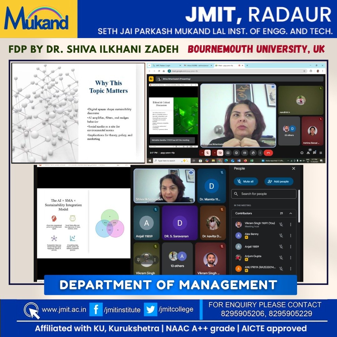 megha_jmit's tweet photo. FDP by Dr. Shiva Ilkhani Zadeh, Bournemouth University, UK |JMIT Radaur

#departmentofmanagement #fdp #bournemouthuniversity #digitalsolutions #academiclearning #jmit https://t.co/HaR82Hcu79