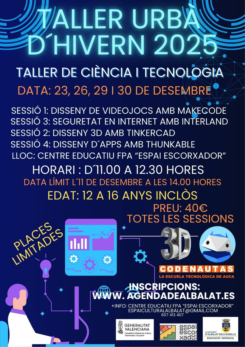 EL 2 DE DESEMBRE S'OBRI LA INSCRIPCIÓ PER AL TALLER URBÀ D'HIVERN 2025-26 (REGIDORIA D'EDUCACIÓ I INFÀNCIA) Des del 2 de desembre estarà oberta la inscripció per a matricular-se en el Taller Urbà d'Hivern 2025-26. Està dirigit a persones de 12 a 16 anys.