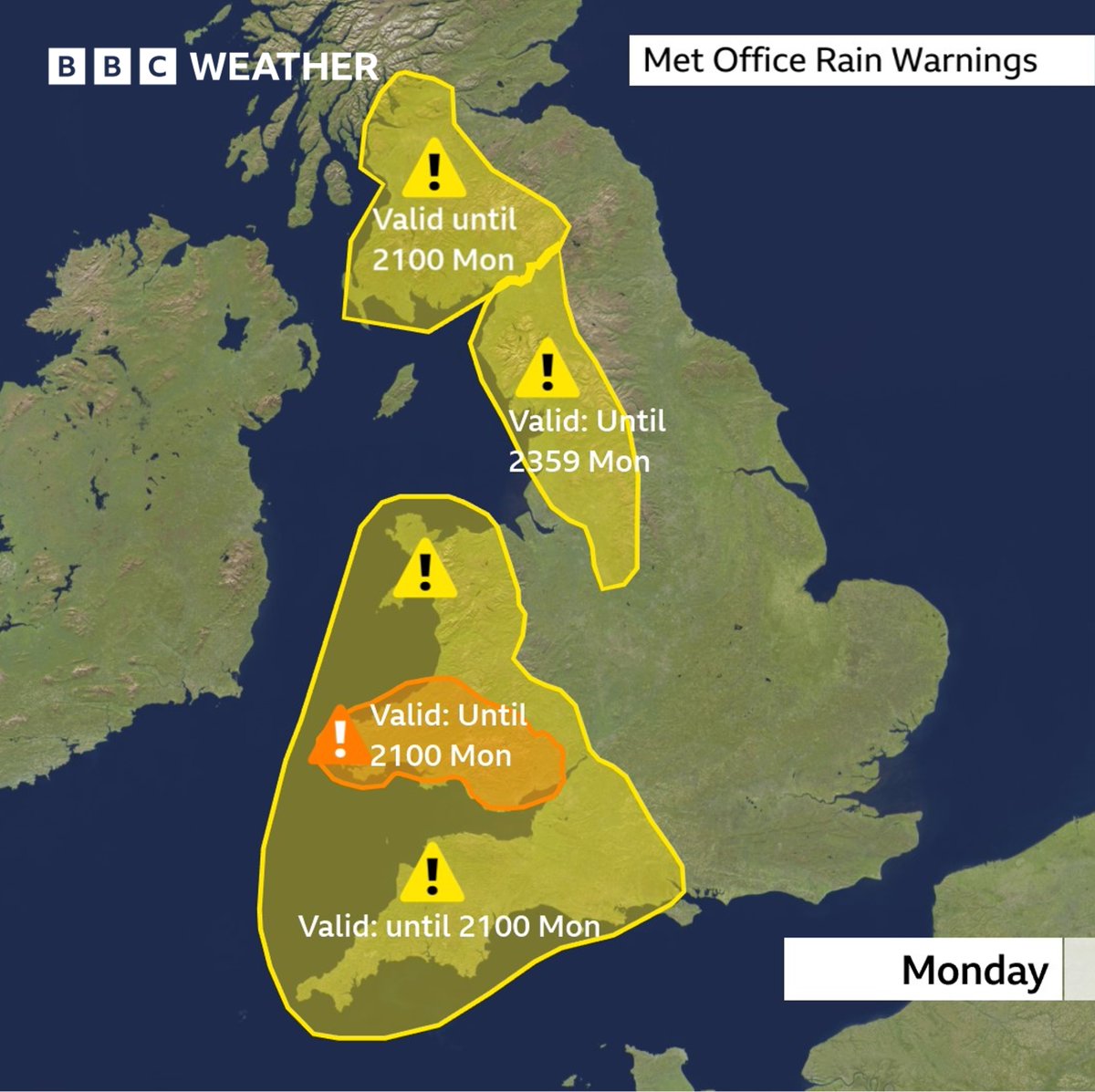 The Met Office has updated its rain warnings for western areas of the UK, valid now until Monday night. An amber warning is in force for south Wales which could see 20 to 40mm of rain, with some south-western facing hills seeing nearer to 120mm. bbc.in/48JKHoD