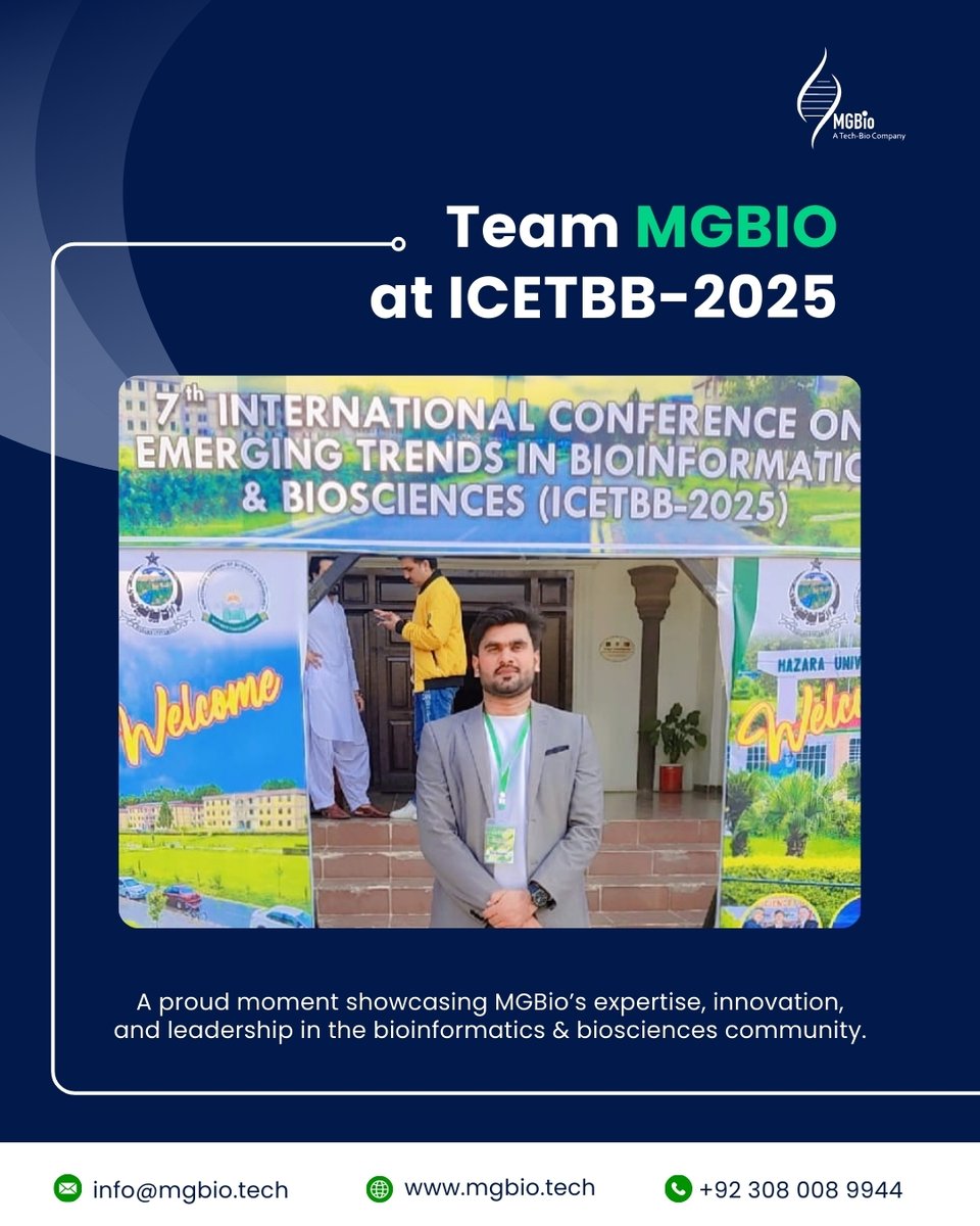 MGBio_tech's tweet image. Team MGBio shines at the 7th International Conference on Emerging Trends in Bioinformatics &amp;amp; Biosciences, Hazara! ✨
🏆Best Speaker: Ms. Hajra Qayyum
🥈 2nd Prize Poster: Ms. Ayesha Abbas
🔬 Notable Presentation: Mr. M. Sarfraz

#MGBio #Bioinformatics #Metagenomics