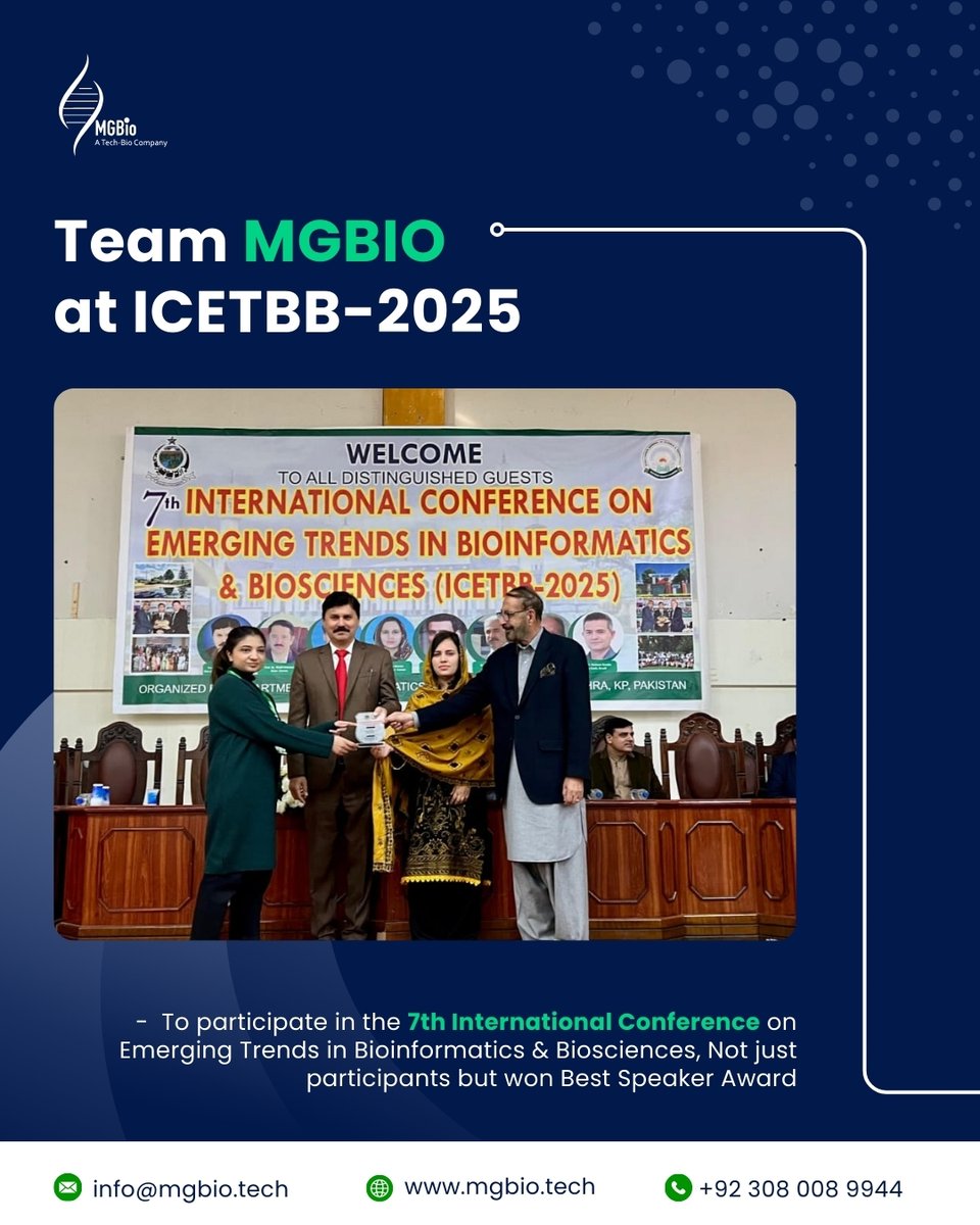 MGBio_tech's tweet image. Team MGBio shines at the 7th International Conference on Emerging Trends in Bioinformatics &amp;amp; Biosciences, Hazara! ✨
🏆Best Speaker: Ms. Hajra Qayyum
🥈 2nd Prize Poster: Ms. Ayesha Abbas
🔬 Notable Presentation: Mr. M. Sarfraz

#MGBio #Bioinformatics #Metagenomics