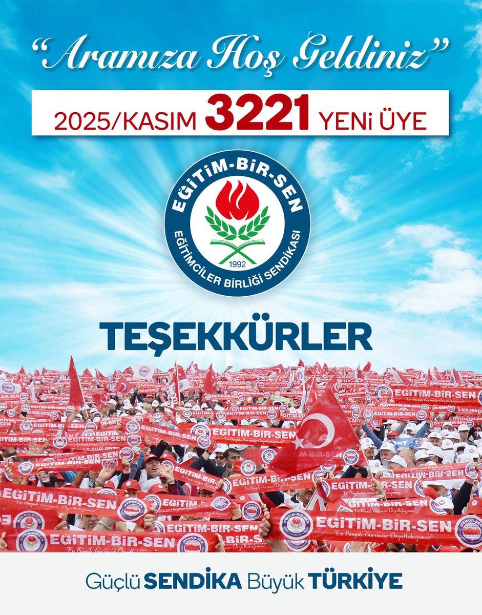 _aliyalcin_'s tweet photo. Ｔ Ｅ Ş Ｅ Ｋ Ｋ Ü Ｒ Ｌ Ｅ Ｒ
2025/Kasım | 3221 | Yeni Üye

Birlik olmak ve gücümüze güç katmak için sendikamıza katılan  3.221 yeni üyemize “hoş geldiniz” diyor, azim ve kararlılıkla sahada olan teşkilatlarımızı yürekten tebrik ediyorum.

#GücümüzÖrgütlülüğümüz https://t.co/PWwk6HqvSA
