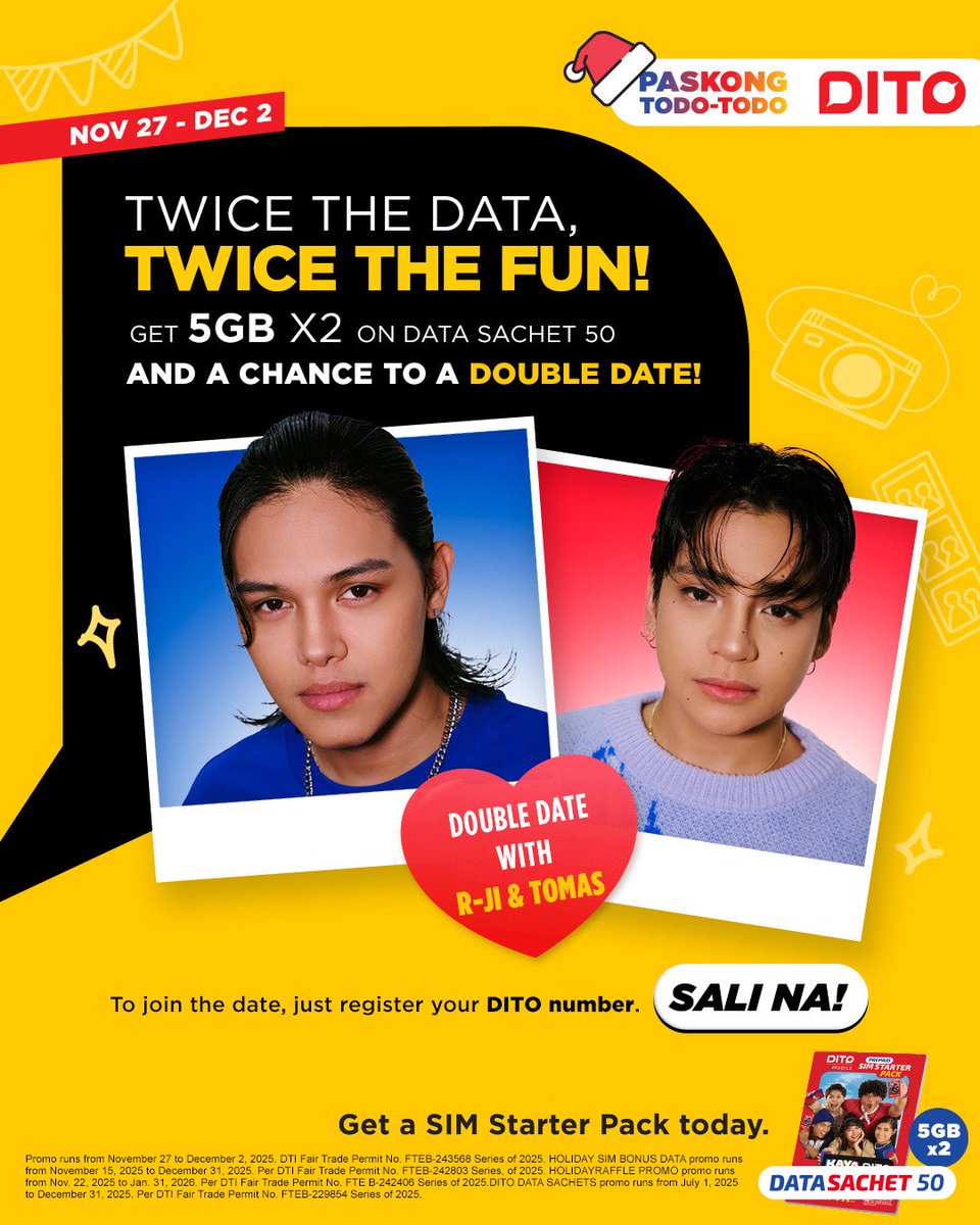 Kung sakaling manalo, which bias line would you like to go on a date with?
 
❤️Jao and Taneo
💙Mo and Alas
💛Rji and Tomas
 
Sa mga hindi pa DITO subscribers, just get a DITO SIM Starter Pack to sign-up and you'll also get to enjoy double the data with our Data Sachet P50.
