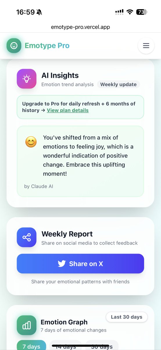 ossbug_kun's tweet image. Built Emotype Pro — an AI mood &amp;amp; sleep tracker.
No tracking. No social login.
Clear insights from your input only.
Try it 👉 emotype-pro.vercel.app/ja
#buildinpublic #NextJS #Supabase #OpenAI
