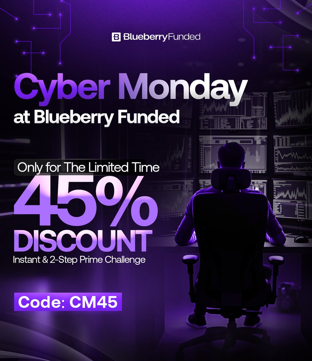 BlueberryFunded's tweet photo. Cyber Monday does not come twice 🔥

That is why 45% OFF is LIVE on both PRIME and INSTANT. The right account at the right price can speed up your whole trading journey 📈

Before the year ends, Blueberry Funded is giving you an amazing opportunity to end the year on a winning curve 🏆
Grab it before it's gone.

Code: CM45 
Link: https://t.co/7NuttUn4oo