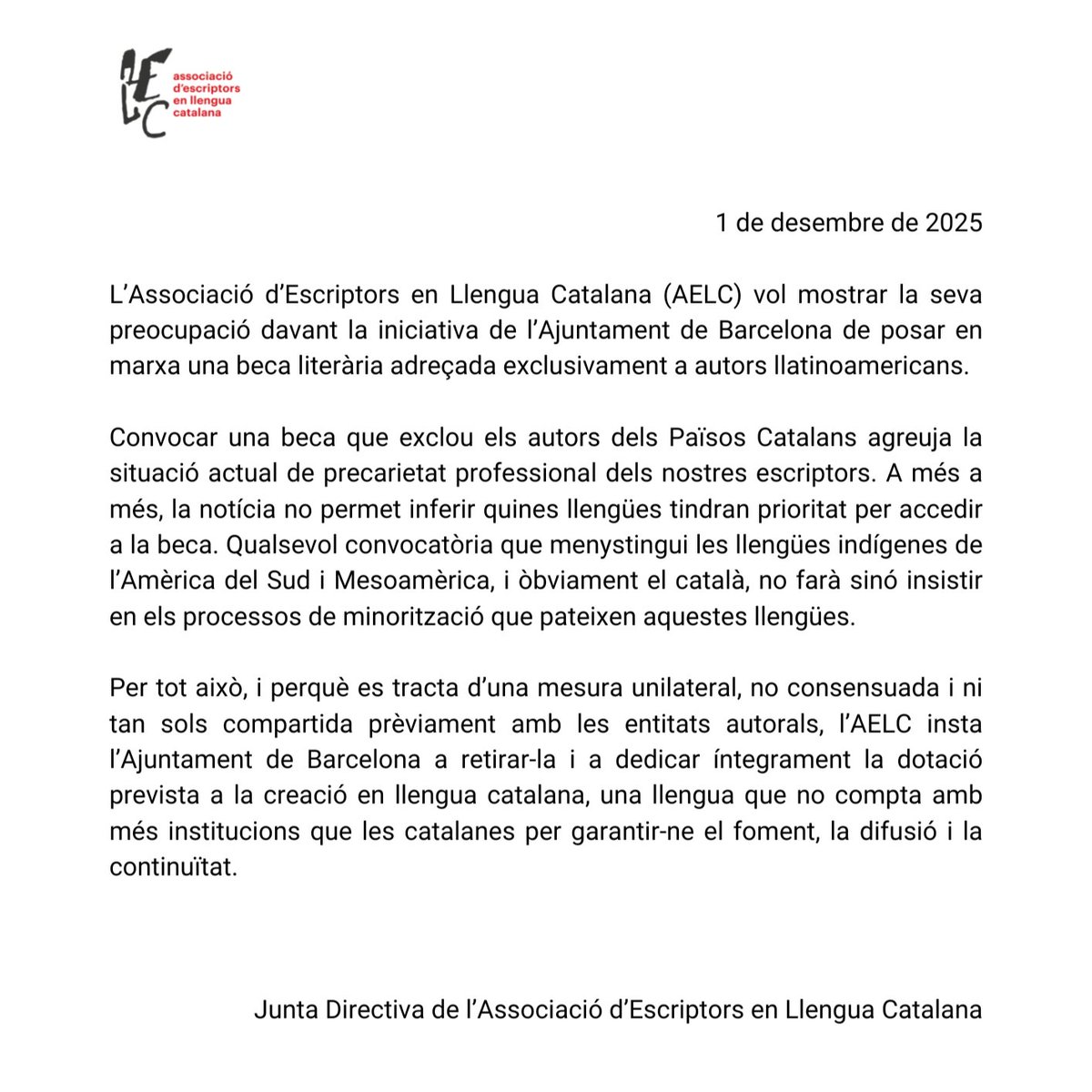EscriptorsAELC's tweet image. ‼️ Comunicat: l&apos;AELC vol mostrar la seva preocupació davant la iniciativa de l&apos;Ajuntament de Barcelona de posar en marxa una beca literària adreçada exclusivament a autors llatinoamericans.

Més detalls: escriptors.cat/noticia/comuni…
