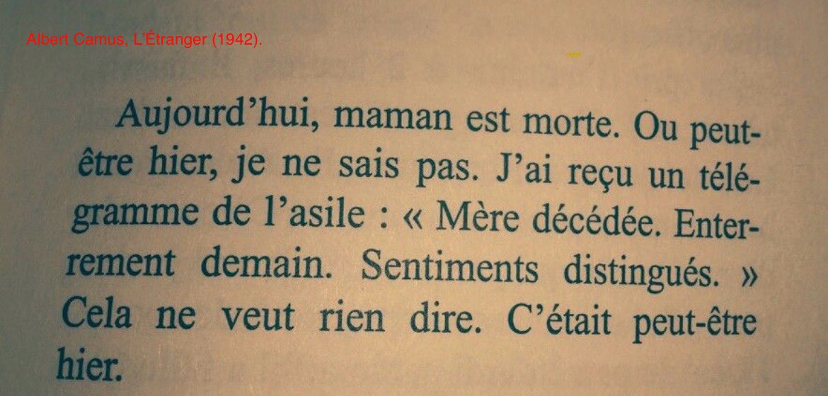 [BlablAVENT] 🎄
Un jour, un incipit

#Jour1 Derrière la première fenêtre : des premiers mots qui ne laissent personne indemne.

Albert Camus, L’Étranger (1942)