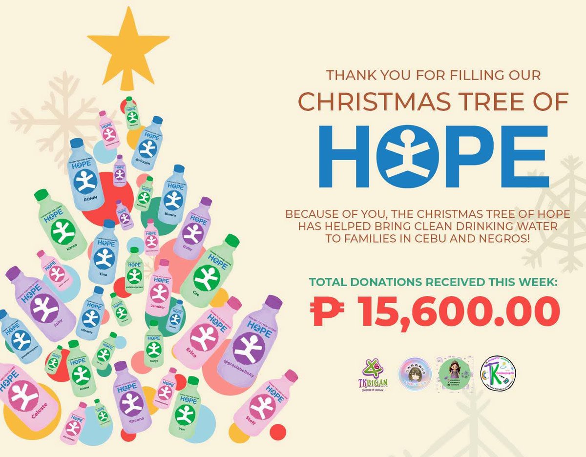 tkdollmomsph's tweet image. CHRISTMAS TREE OF HOPE WEEK 4

We’re now entering our final week for this project. Donations will be open until December 7 only.

This past week, we raised ₱15,600 - and what moves us most isn’t the amount itself. Every bottle added to our tree 🎄 is a small reminder that hope…