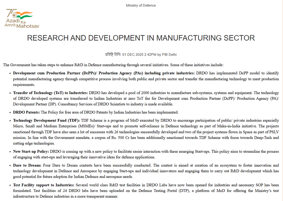 ddyadagirinews's tweet image. రక్షణ తయారీ రంగంలో పరిశోధన, అభివృద్ధి సామర్థ్యాలను మెరుగుపర్చేందుకు కేంద్ర ప్రభుత్వం పలు కీలక చర్యలు చేపట్టింది

DRDO DcPP మోడల్‌ను అమలు చేస్తోంది.మోడల్ ద్వారా ప్రభుత్వ, ప్రైవేట్ రంగాల నుంచి తయారీ సంస్థలను పోటీ విధానంలో ఎంపిక చేసి అవసరాల మేరకు ఉత్పత్తి సాంకేతికతను బదిలీ చేస్తోంది