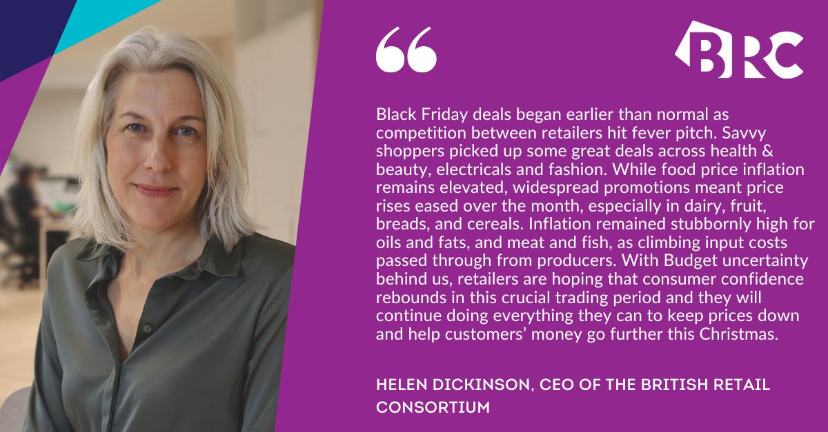 the_brc's tweet image. 🛍️ Black Friday comes early as competition heats up

📉 Shop price inflation fell to 0.6% in November.
🛒 Non-Food inflation dropped to -0.6%.
🥑 Food inflation eased to 3.0%, with:
• Fresh Food at 3.6%
• Ambient Food at 2.4%

Retailers ramped up early Black Friday deals. 💸📦