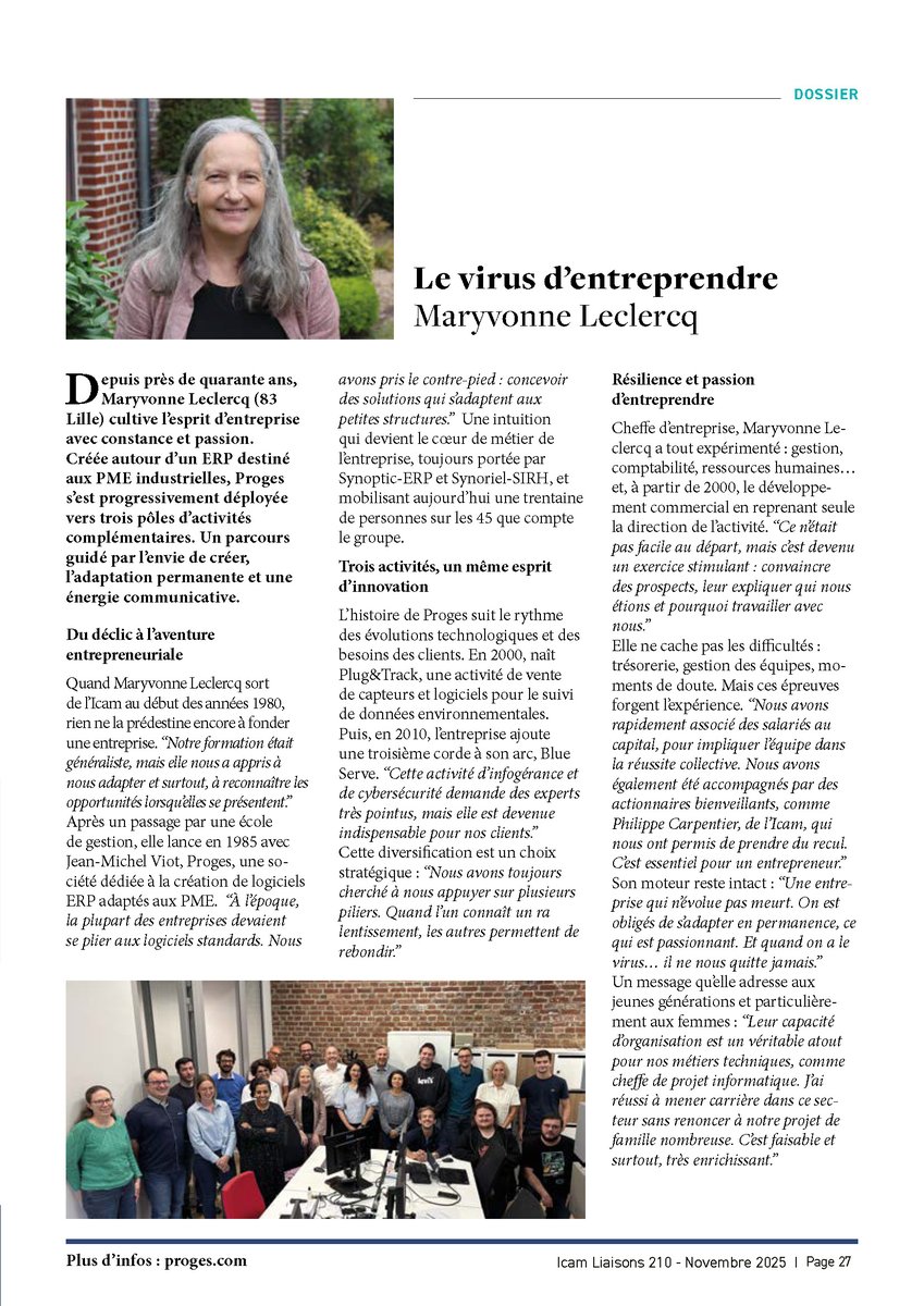 🚀 Dans <a href="/icam_fr/">Icam</a> Liaisons n°210 “Tous entrepreneurs”, Maryvonne Leclercq, PDG de Proges Plus, revient sur 40 ans d’accompagnement des PME industrielles : solutions utiles, proximité client et technologie au service des équipes. #Entrepreneuriat #PME #Industrie #ICAM