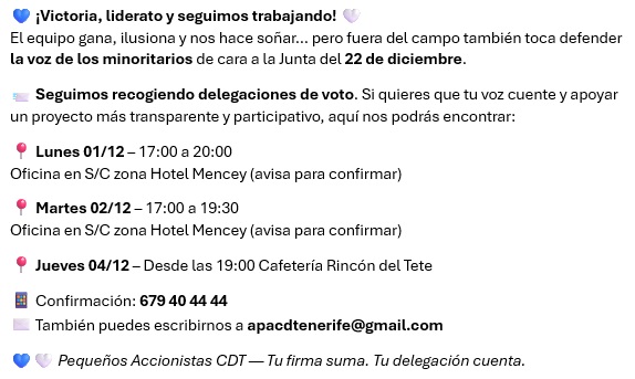 Tras nuestra sesión informativa abierta, seguimos recogiendo delegaciones de voto.

Si quieres que tu voz cuente y apoyar un proyecto más transparente y participativo, aquí nos encontrarás: