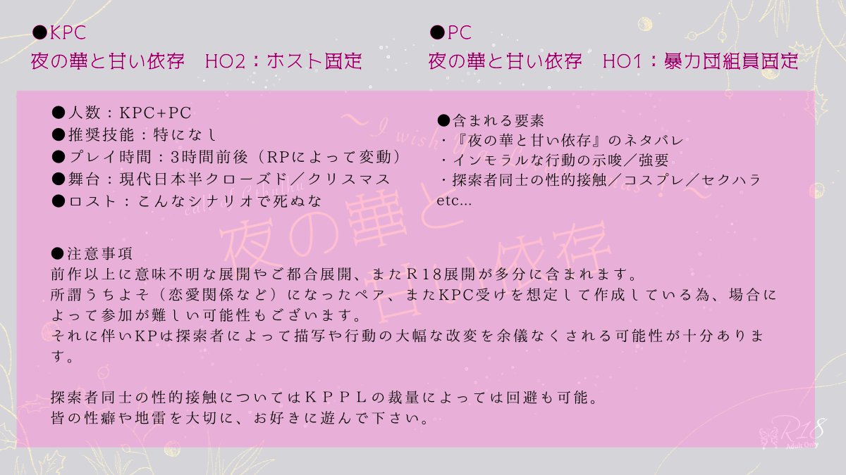 pg4566's tweet photo. *·̩͙𓈒𓂂𓏸ℂ𝕠ℂ 6ᴛʜ　-R18-
 〘 夜の華と甘い依存
 ～I wish U a Lovely Xmas!～ 〙

https://t.co/ec65dvmG72

-夜の華と甘い依存 探索者限定ギャグエロシナリオ-

❚ クリスマスイベントなのに居なくなったホストKPCを探してタダ酒飲もう！
❚ 12/1～12/25までの期間限定”再”公開🎄 https://t.co/KEAEeSIKDS