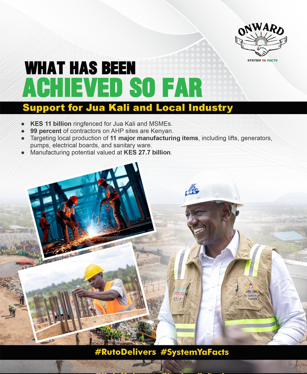 Kenya is now manufacturing items like pumps, generators, and sanitary ware worth KES 27.7 billion. #AffordableHousingPlan drives industrial growth. Boma Yangu supports innovation and long-term growth in local production and manufacturing.