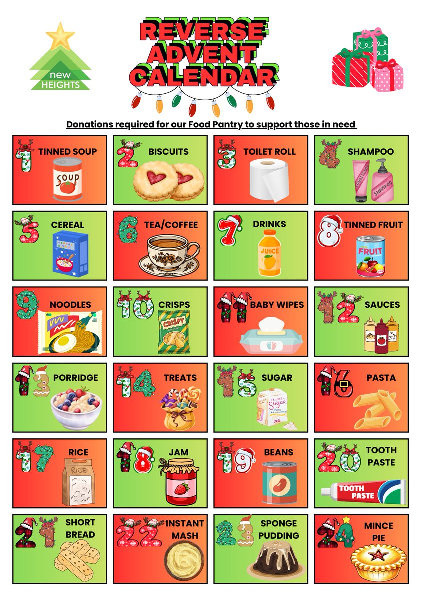 If you have any items you would like to contribute,  feel welcome to pop in during our opening hours.

St Johns Centre, 124 Warren Farm Road, B44 0QN 📷

If you would like more information, call us on 0121 386 4345

#ReverseAdventCalendar #FoodPantry #NewHeights #Kingstanding