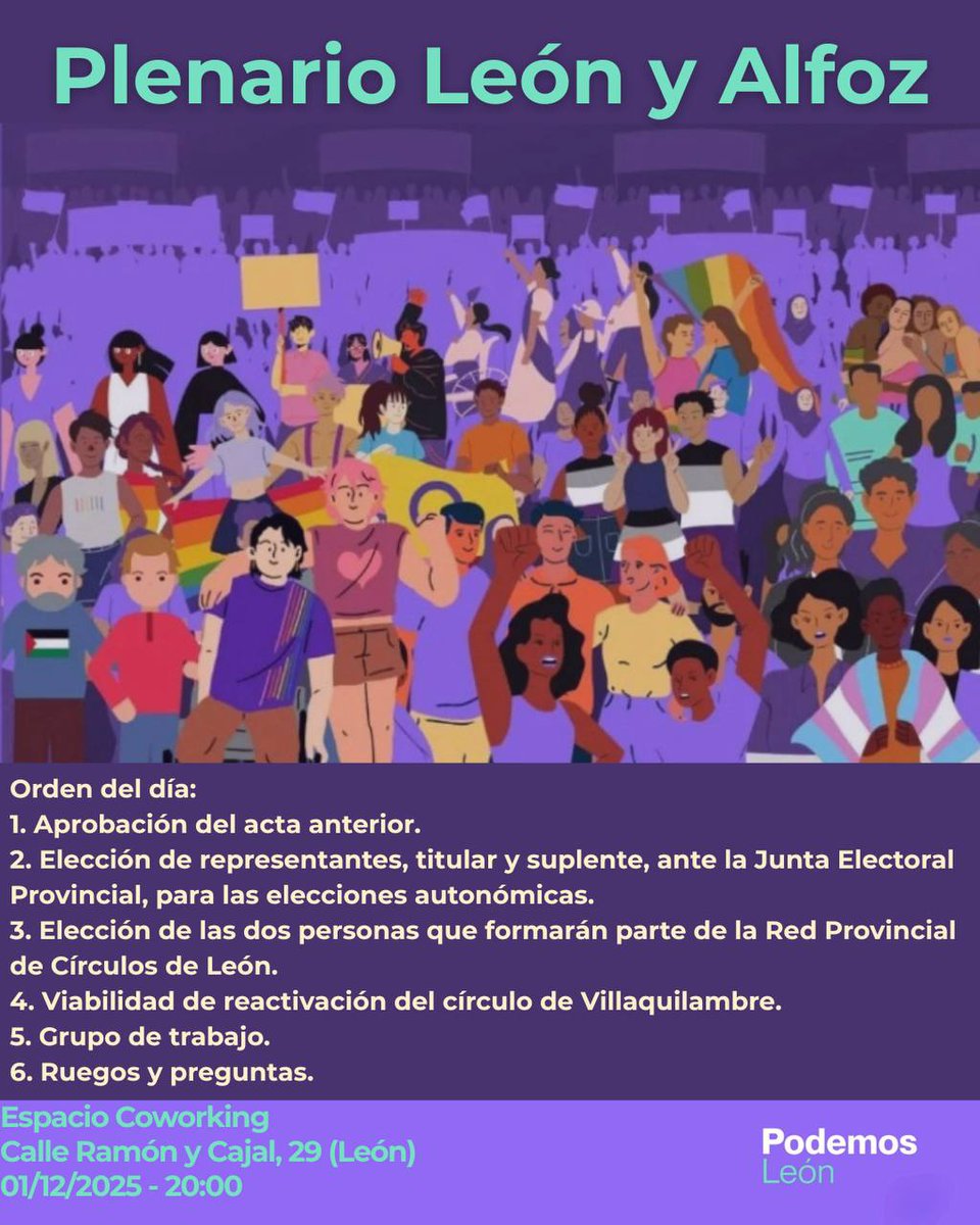 PodemosLeon's tweet photo. Hola! Recordad que hoy tenemos #Plenario de #Leonesp y #Alfoz.
Lo retrasarnos un cuarto de hora, porque desgraciadamente tendremos que asistir a un nuevo #LunesSinSol...
#SiSePuede #Feminismo https://t.co/AIOad31kqw