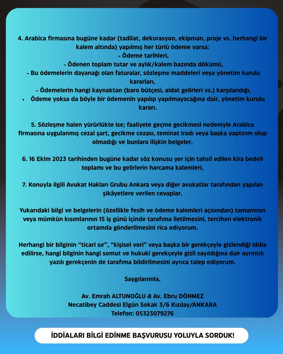 🔥 ŞOK İDDİA!

☕ Ankara Barosu’nun milyonlarca liralık aidatlarla ayakta duran ABEM’inde; asma kat kafeterya 2 yılı aşkın süredir kapalı!

📅 2023’te yapılan ihaleyi tek firma (Arabica) girmiş, 3. iş günü içinde kazanmış, sözleşme imzalanmıştı.

⏰ Ama sözleşmeye göre en geç