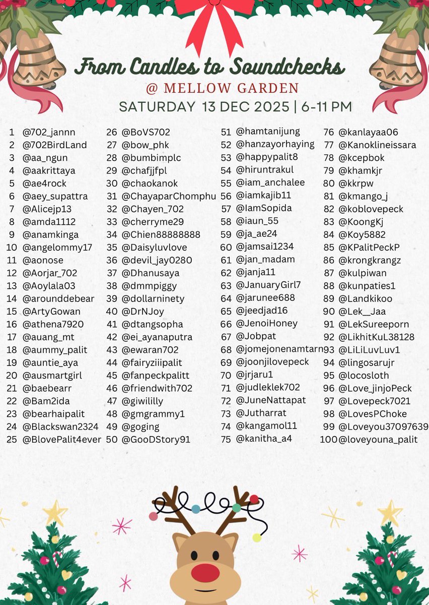 AMStudioTH's tweet photo. Update รายชื่อผู้เข้าร่วมงาน #FromCandlestoSoundChecks วันที่ 13 ธ.ค. @ Mellow Garden ณ ปัจจุบันนะคะ 
รบกวนนุชที่มีรายชื่อยืนยันสิทธิเข้าร่วมงานในฟอร์มนี้ภายในวันที่ 3 ธ.ค. นี้นะคะ 

https://t.co/WSHkqtVj49

#เป๊กผลิตโชค #PeckPalitchoke https://t.co/6YiuuyMurx