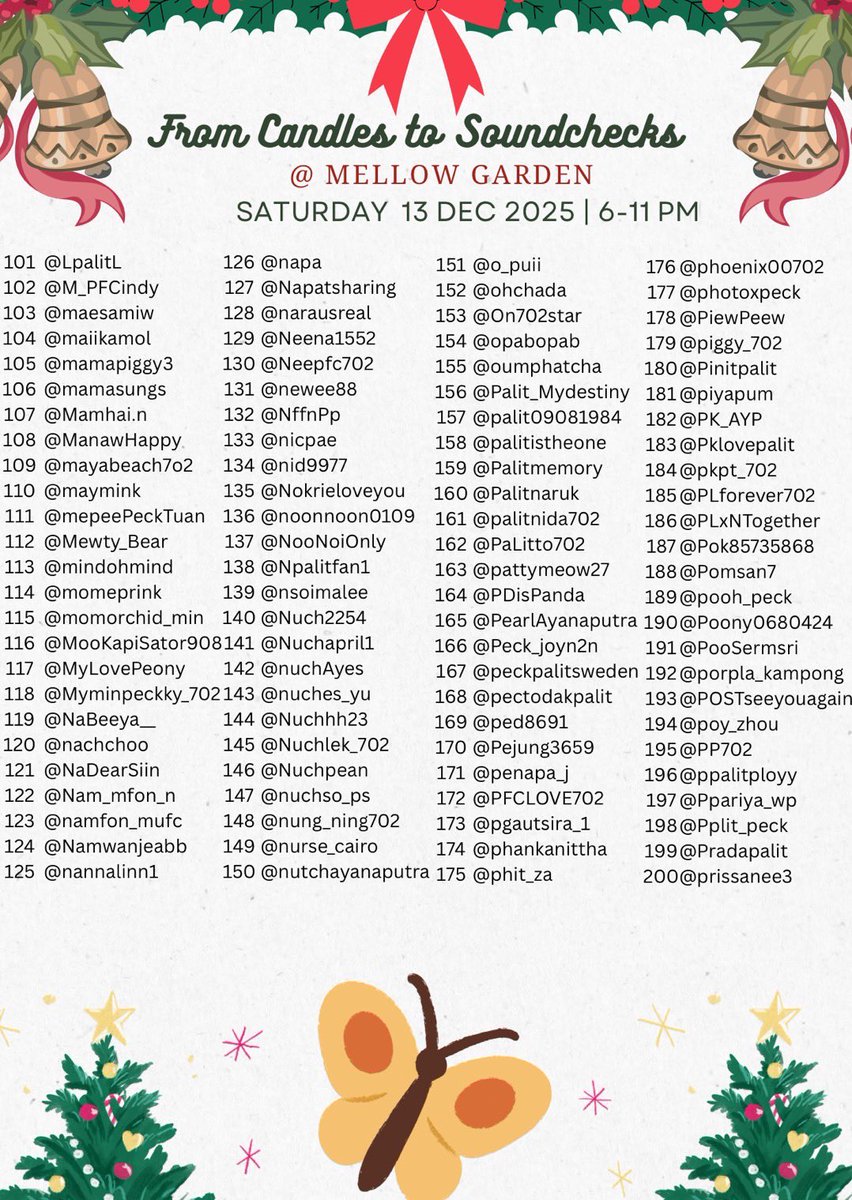 AMStudioTH's tweet photo. Update รายชื่อผู้เข้าร่วมงาน #FromCandlestoSoundChecks วันที่ 13 ธ.ค. @ Mellow Garden ณ ปัจจุบันนะคะ 
รบกวนนุชที่มีรายชื่อยืนยันสิทธิเข้าร่วมงานในฟอร์มนี้ภายในวันที่ 3 ธ.ค. นี้นะคะ 

https://t.co/WSHkqtVj49

#เป๊กผลิตโชค #PeckPalitchoke https://t.co/6YiuuyMurx