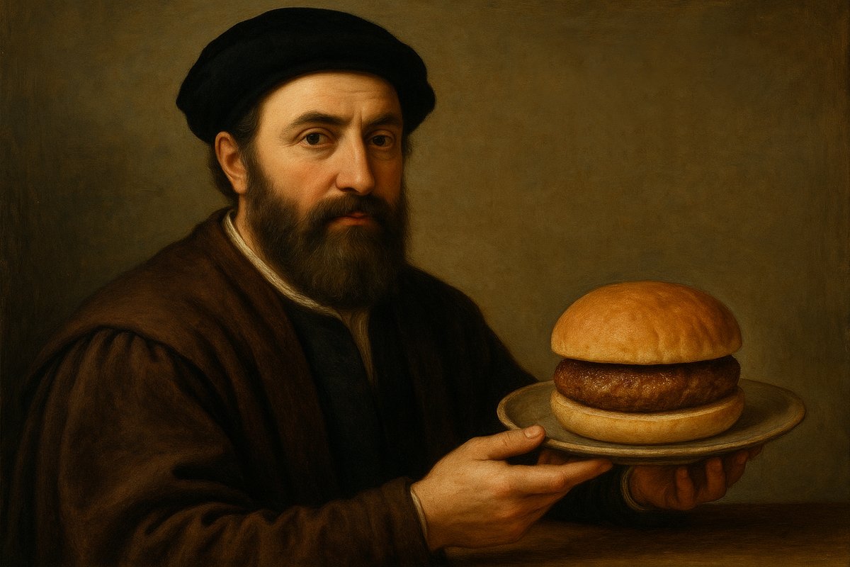 Chronicles of the Holy Burger
Year 1503. A Venetian merchant supposedly brought “round bread with fried meat” from eastern lands. The archives are silent, but we like to think he was the first freelance burger-logistician. 🍔📜😄