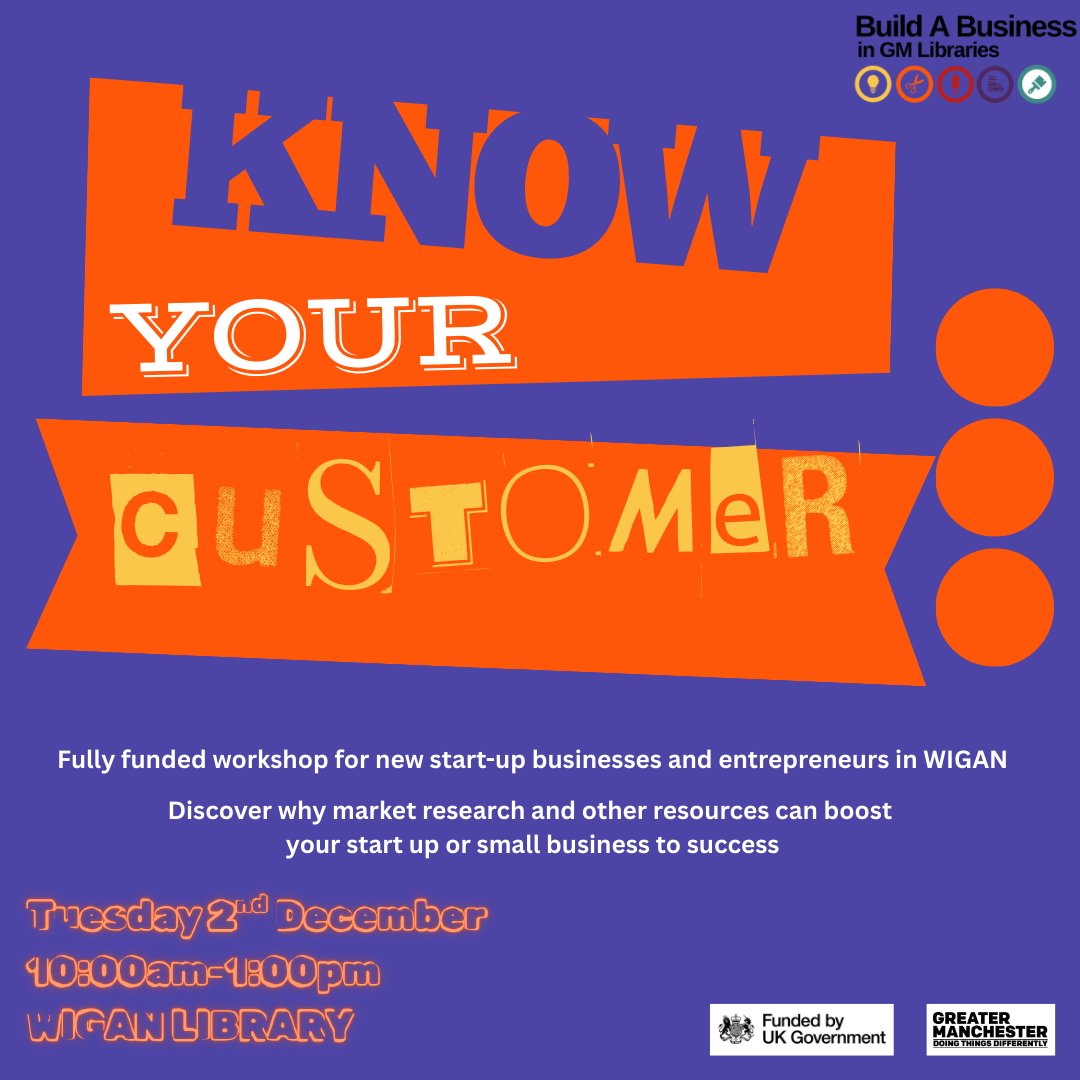 buildabiz_gm's tweet photo. Your customers hold the key to success! Discover how to research your market and build a winning plan at our free session on Dec 2, 10am–1pm, Wigan Library. Reserve your spot 👉 https://t.co/13xG15qr9S https://t.co/stVHTy4icF